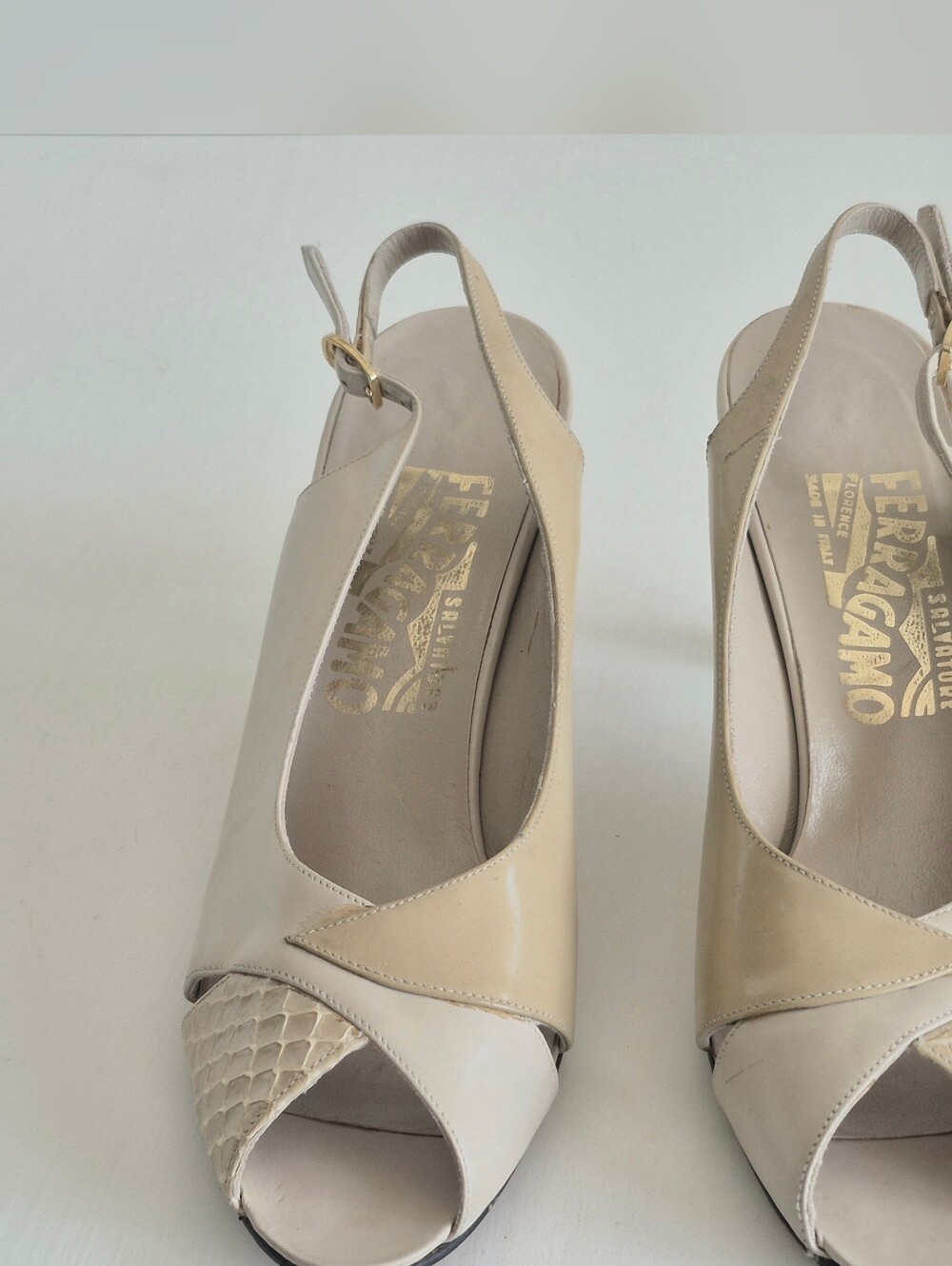 Salvatore Ferragamo Two-Tone Beige & Cream Peep-Toe Slingback Heels - Picture 2 of 12